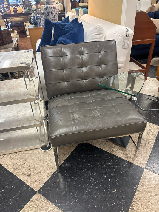 Mitchell Gold Tufted Gray Leather Side Chairs w/ Chrome Base 28x36x31