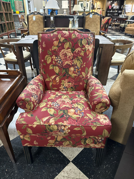Floral Upholstered Wing Back Chair w/Wood Accent/Nailhead