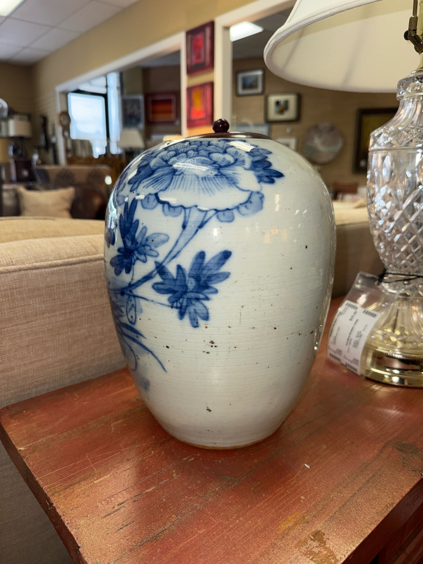 Blue & White Vintage Ginger Jar w/ Wooden Lids