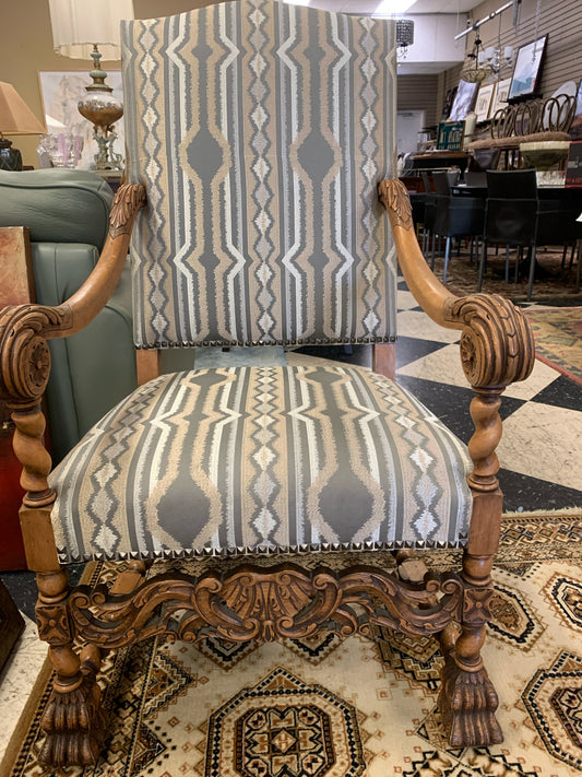 Wood Arm Chair w/ Gray/Gold/Ivory Upholstery & Square Nailheads