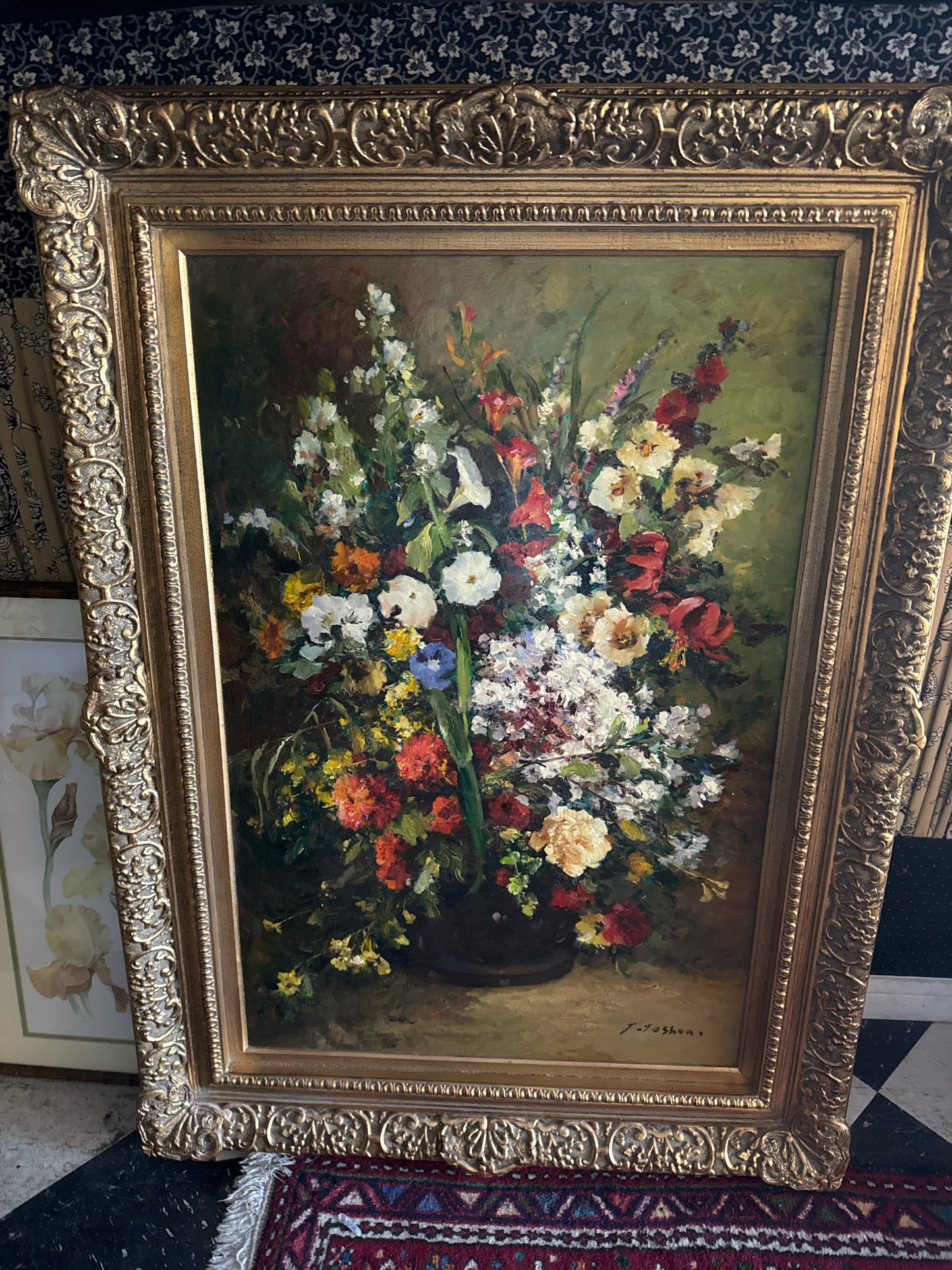 Signed Original Oil on Canvas "Flowers" in Ornate Gold Frame (33x46)