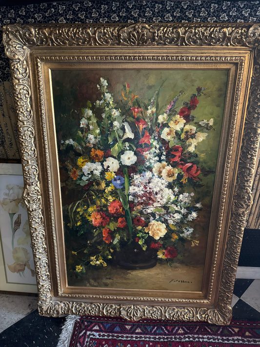 Signed Original Oil on Canvas "Flowers" in Ornate Gold Frame (33x46)