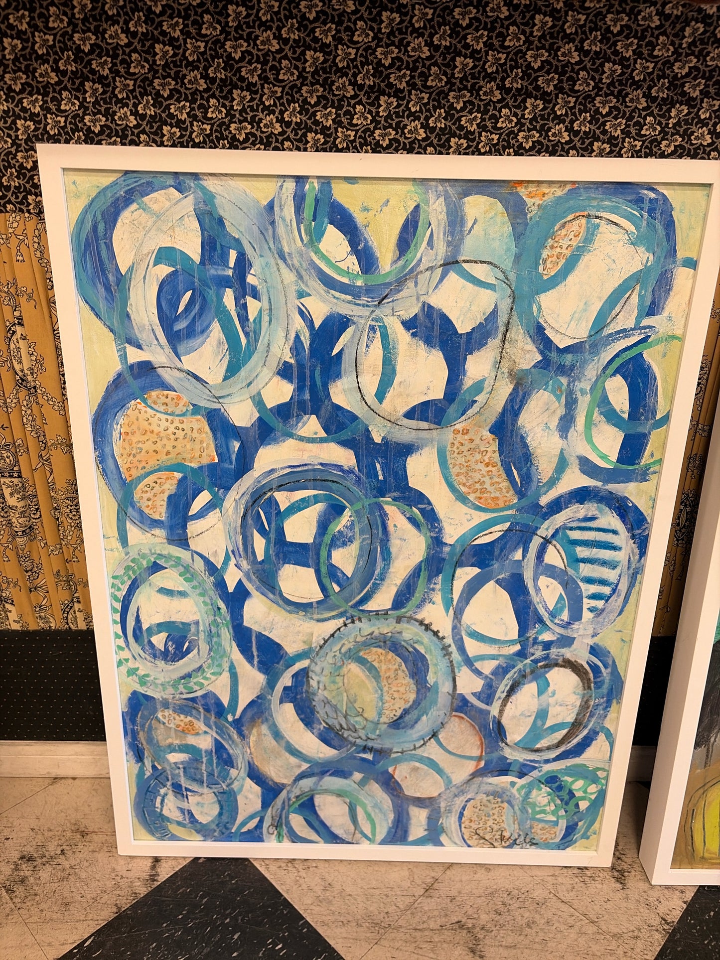 31.5x42 Original Abstract on Canvas in White Frame-Blue/White Circles