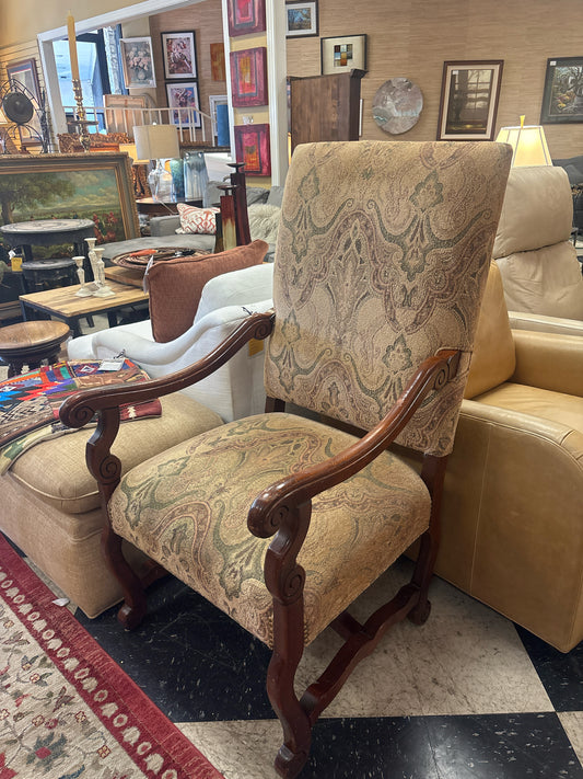 Wood Arm Chair w/ Beige/Green/Rust Upholstery