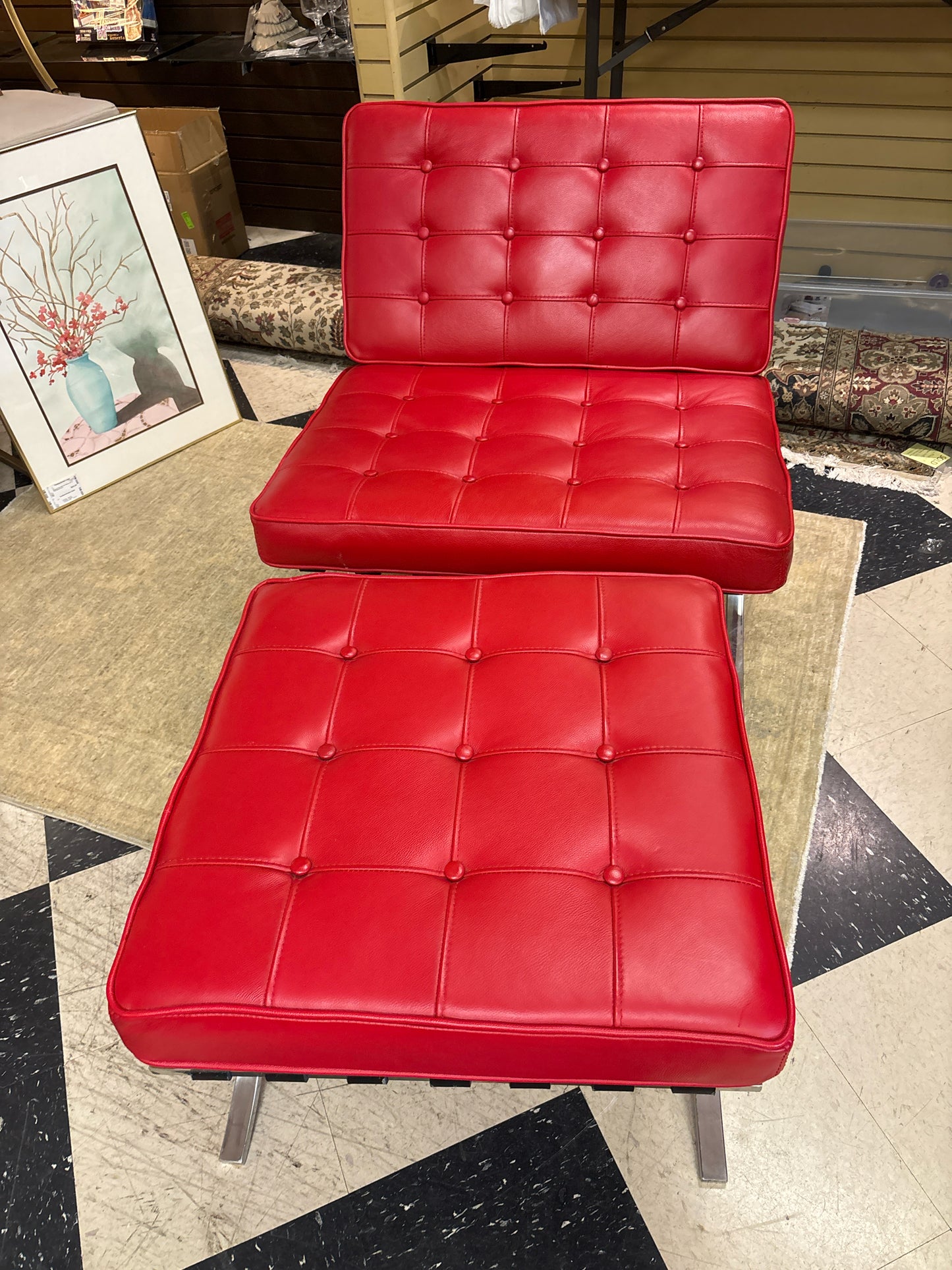 Red Leather Reproduction Knoll Barcelona Chair + Ottoman