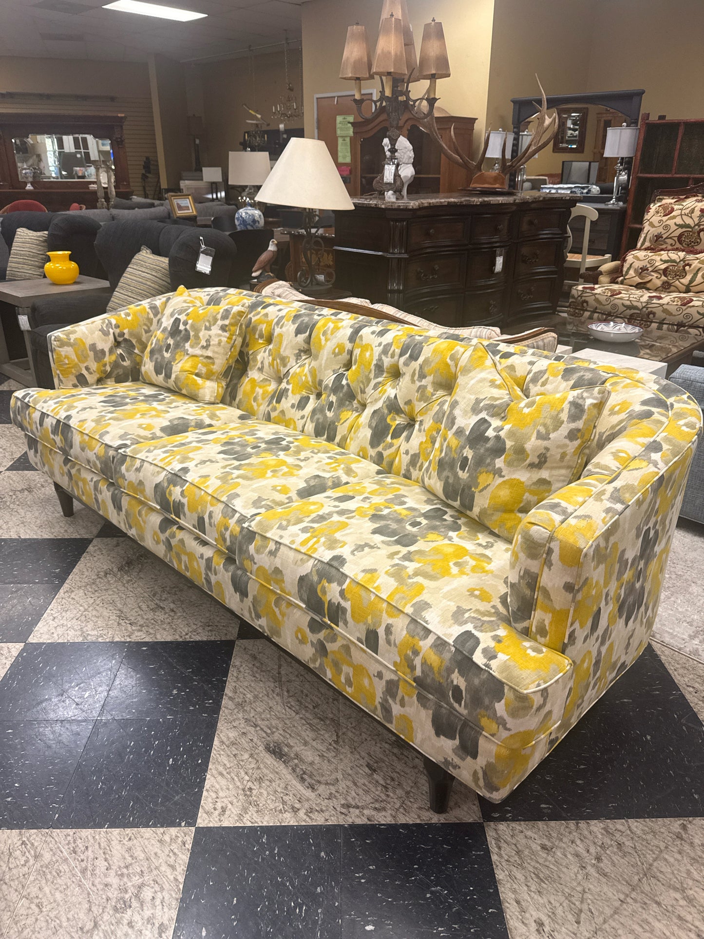 3-Cushion 7' Sofa- Yellow & Grey Floral Watercolor Design w/Black Legs- High Fas