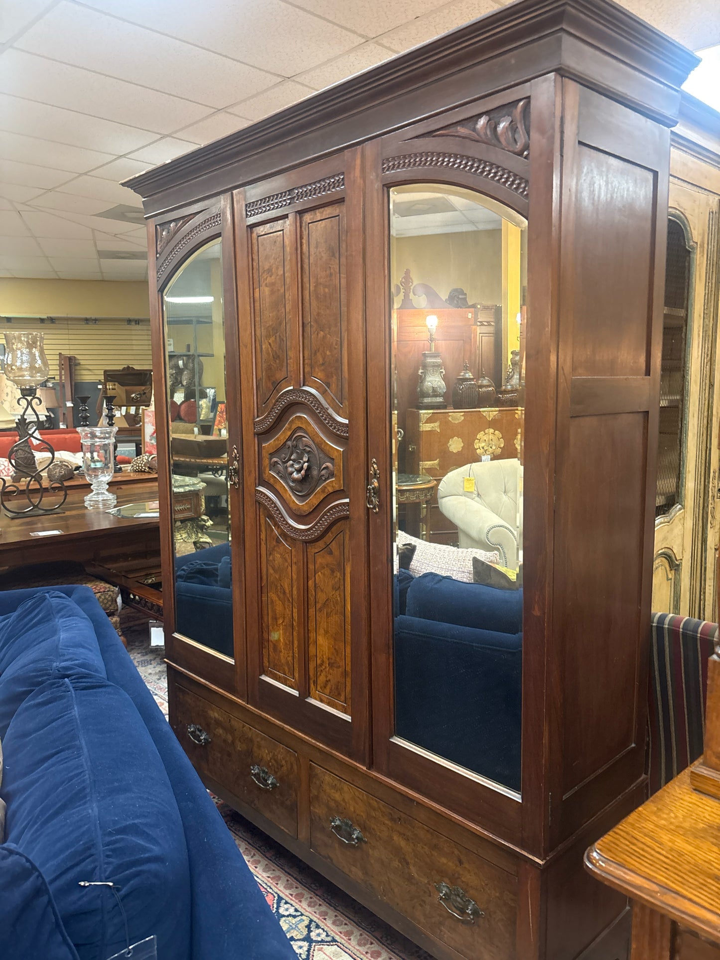 Antique 3-Door Wardrobe w/Mirrors
