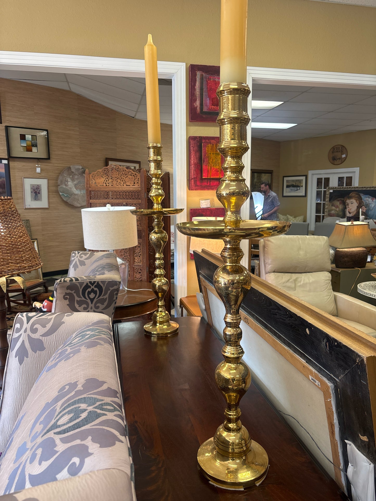 PAIR of Vintage 36" Moroccan Etched Brass Alter Pillar Candesticks