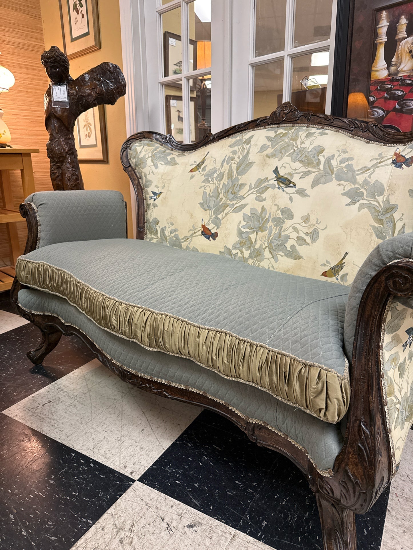 French Revival Parlor Settee-Upholstered/Tufted Blue/Cream/Wood Legs w/Mock