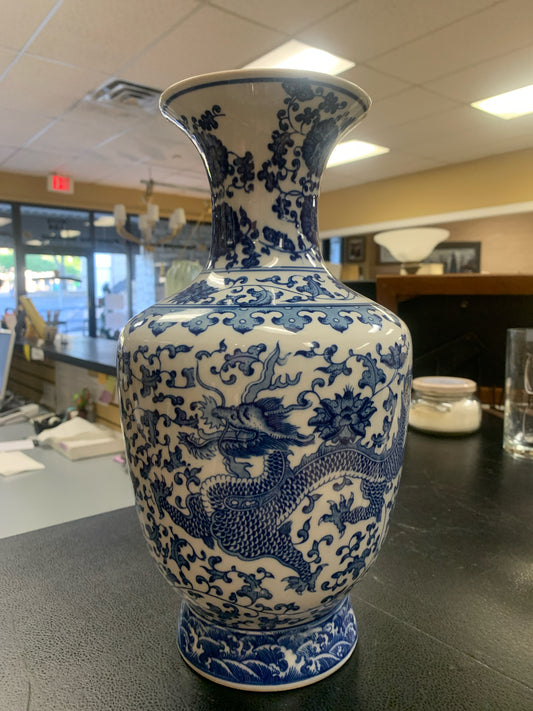 Stamped Blue & White Vase w/ Dragon 14"