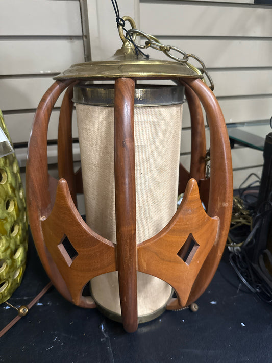 Vintage MCM Modeline Diamond Shape Teakwood Brass Linen Shade Swag Lamp