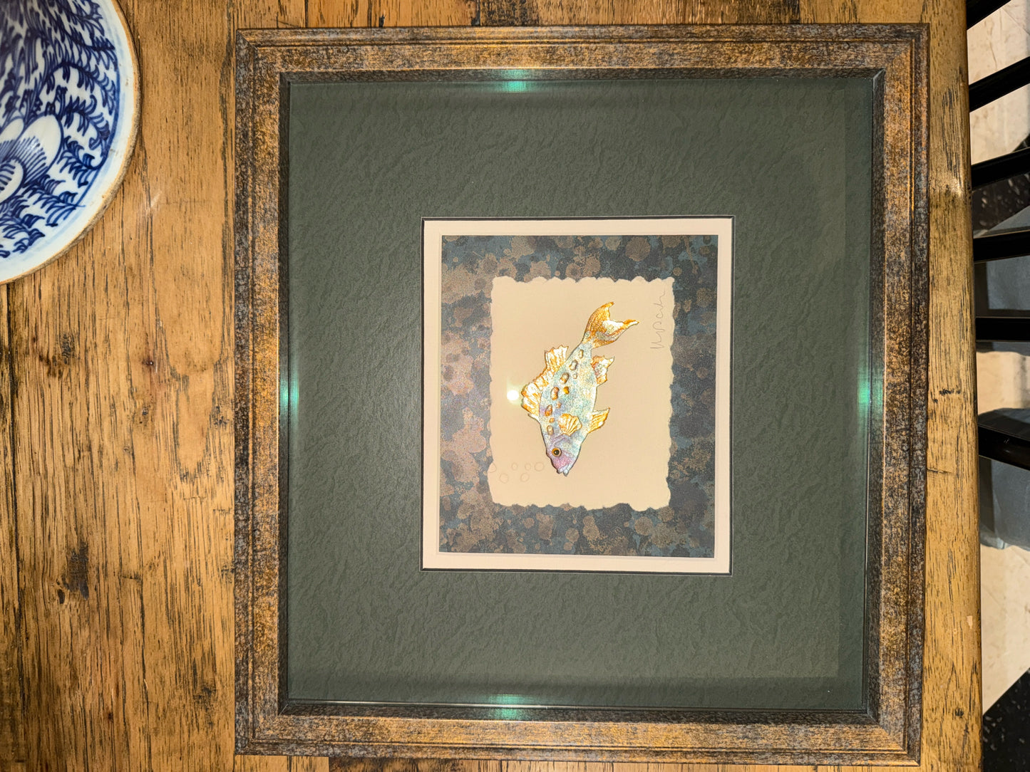 (15" x 16") Signed Mixed Media Painting of Bass Fish in Bronze Frame