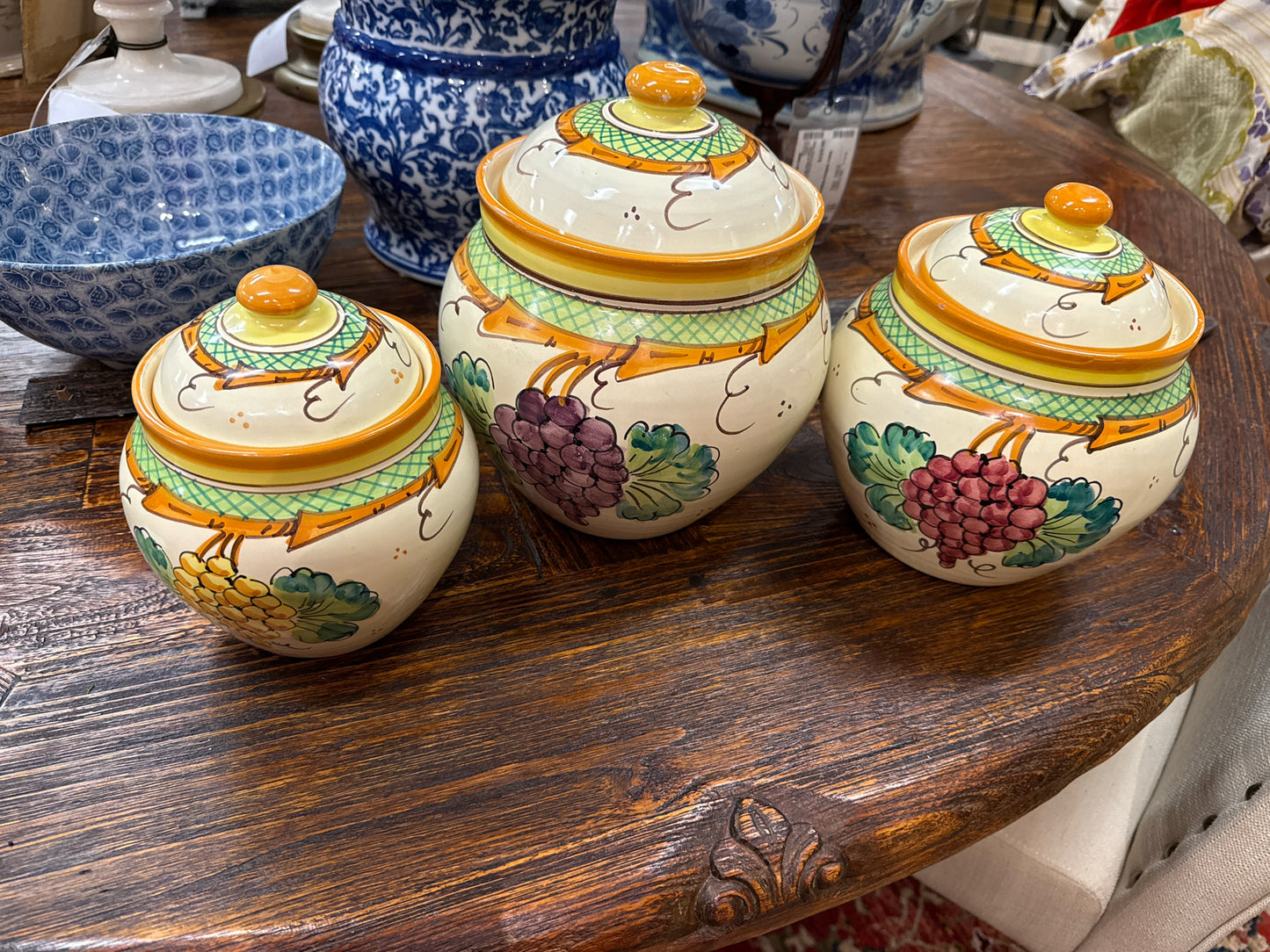 Vintage Italian Hand Painted Ceramic Set of 3 Vietri Jars w/Grape Patterns