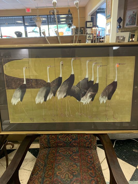 Japanese Cranes by Korin in Gold Bamboo Frame 40"x 24"