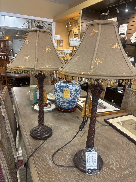 PAIR - Wood Spindle Table Lamp w/ Dragonfly Silk Tassel Shade