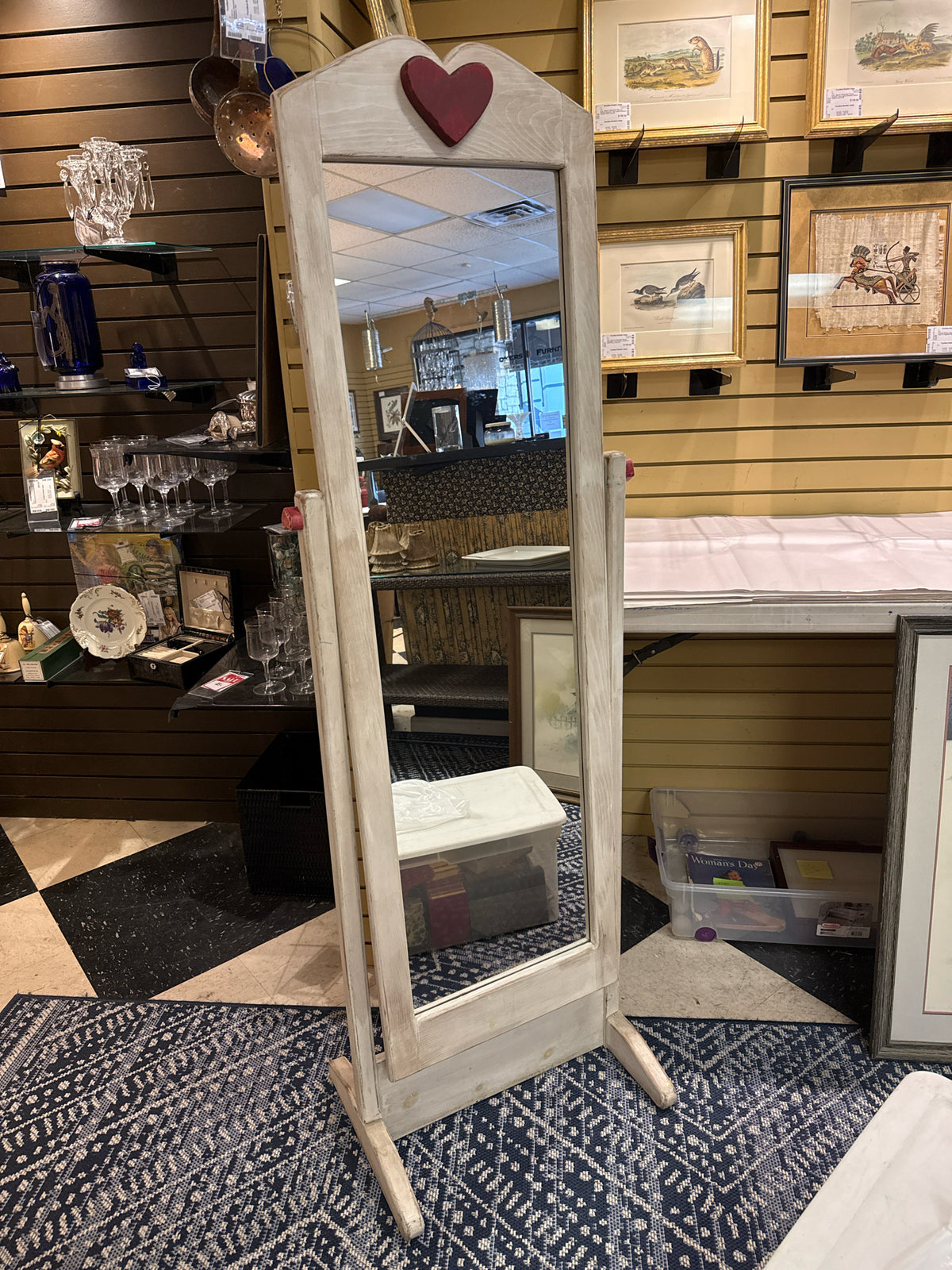 Round-top-style White-painted Wooden Distressed Cheval Floor Mirror w/Red Accent