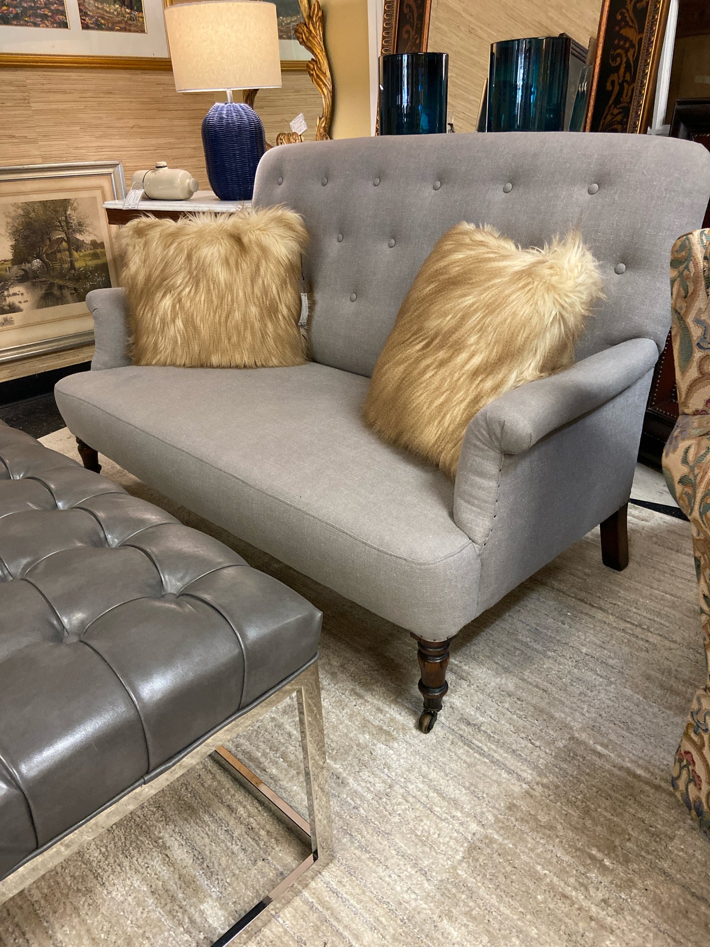 Grey Tufted Settee on Casters