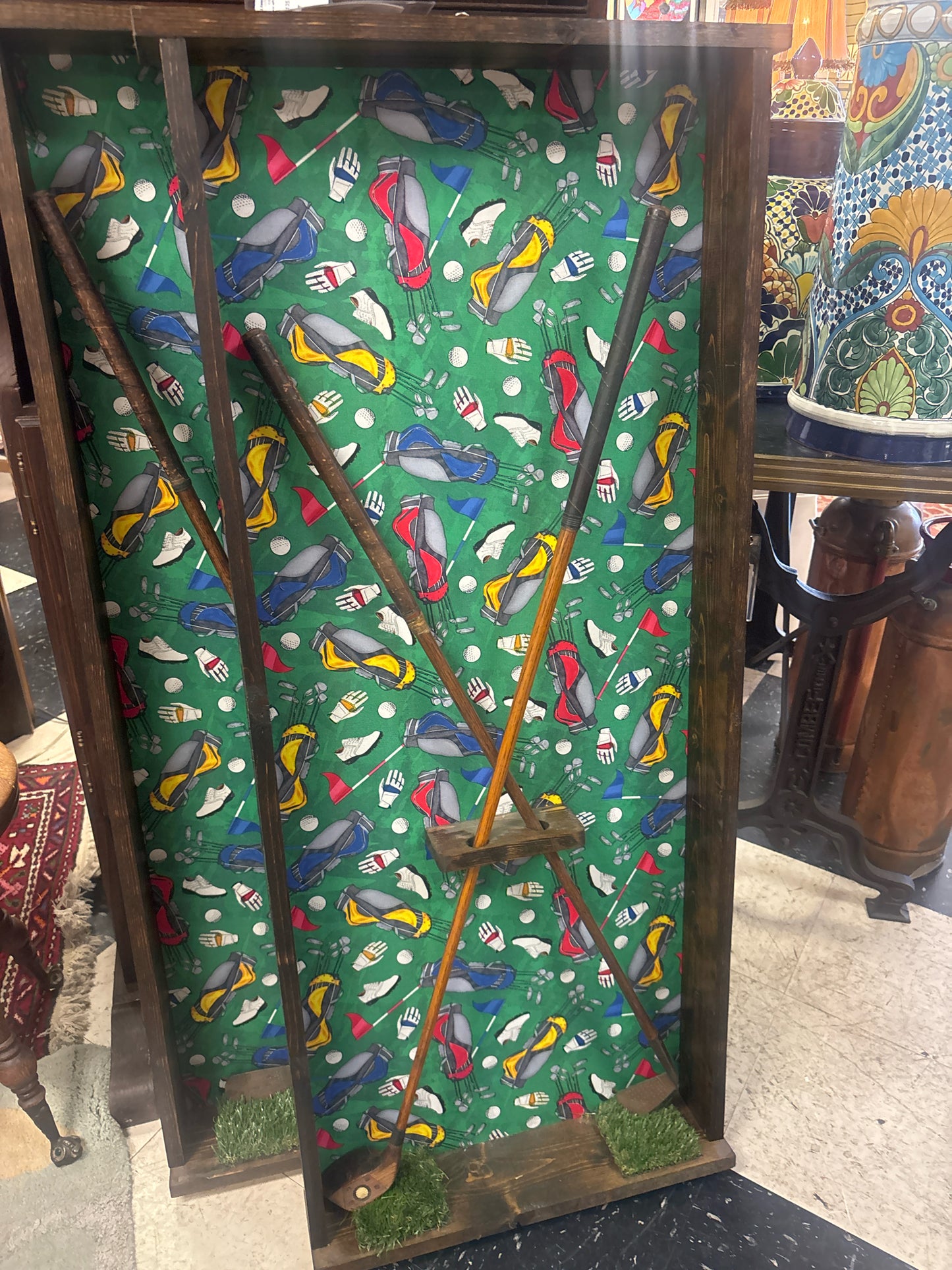 (22 x 48) Wooden Shadowbox w/Pair Antique Golf Clubs