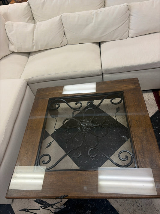 40" Square Wood Coffee Table w/ Iron Scroll & Glass Top