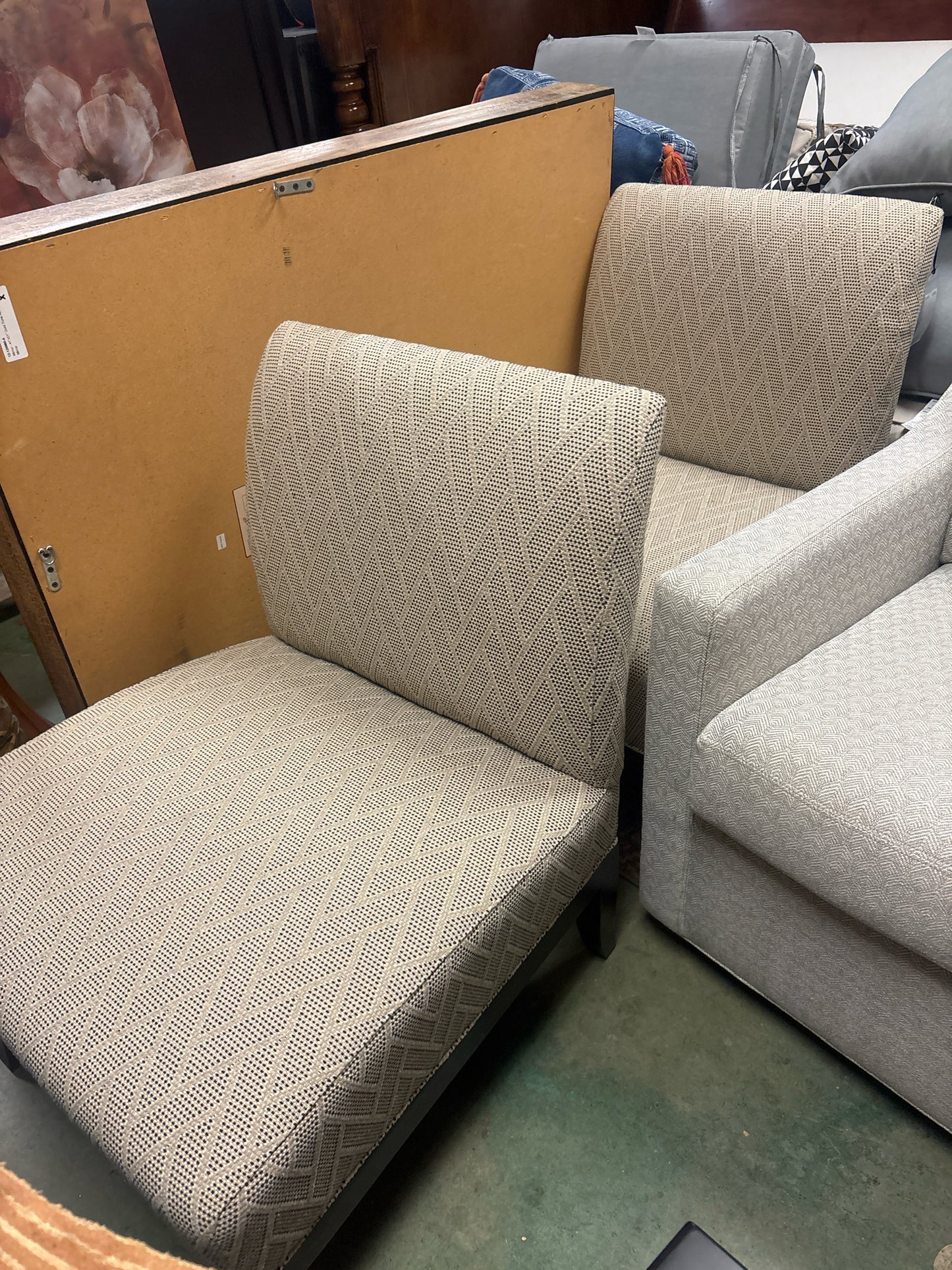 Hickory White Armless Accent Chair w/ Herringbone Fabric