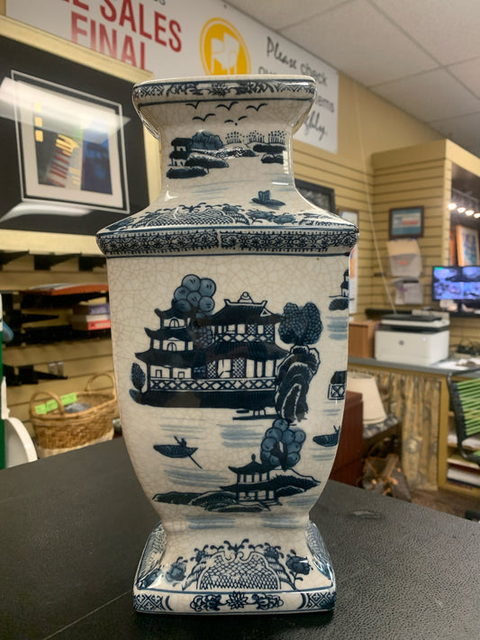 Crackled Asian Village Blue & White Vase 14"