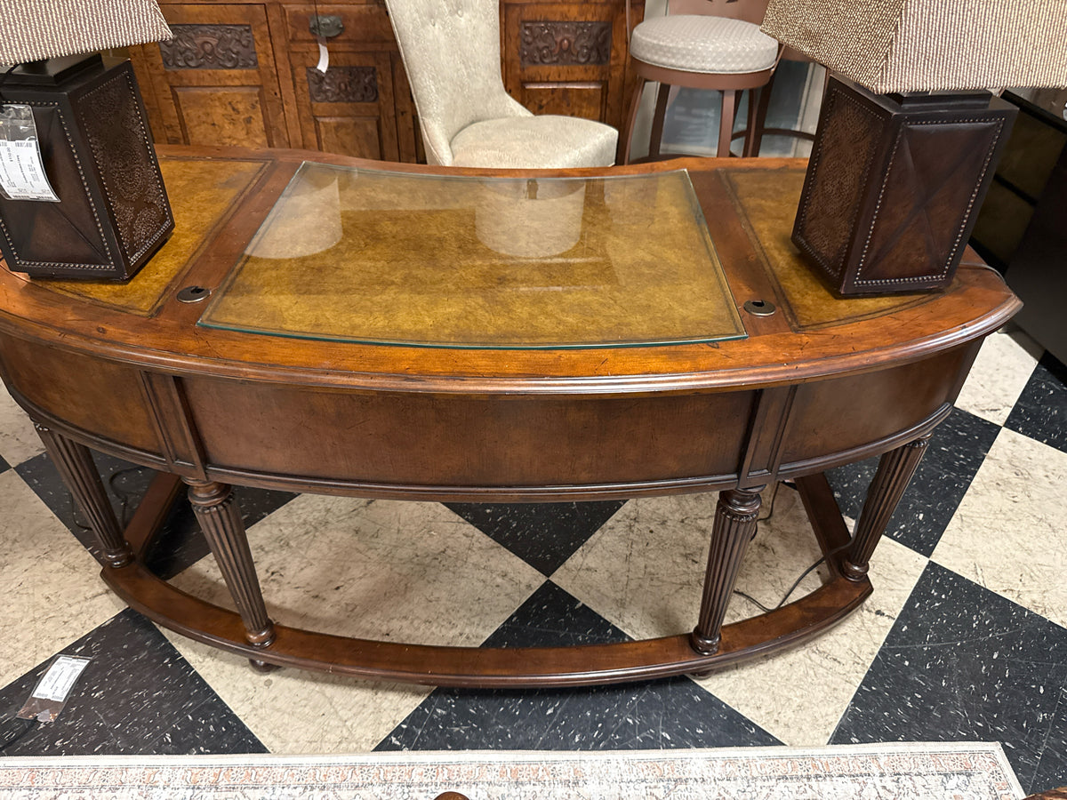 Century- Curved 3-drawer Desk w/Leather Inlay/Glass Top