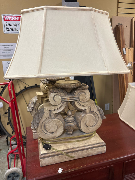 PAIR - Cream Ornate Wood Scroll Lamps w/ Cream Silk Shades