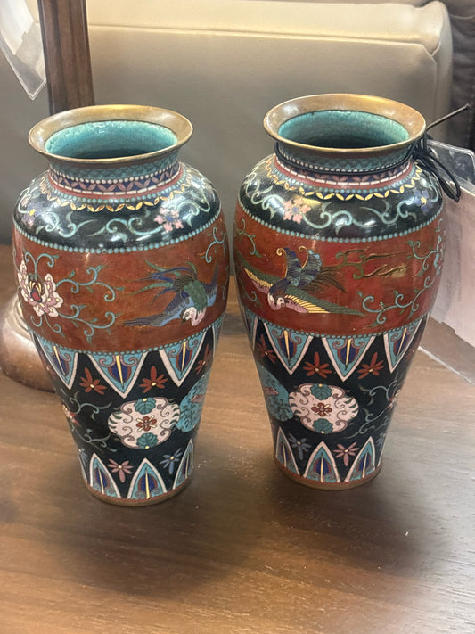 PAIR of 8"Antique Chinese Cloisonne Enamel Brass Vases