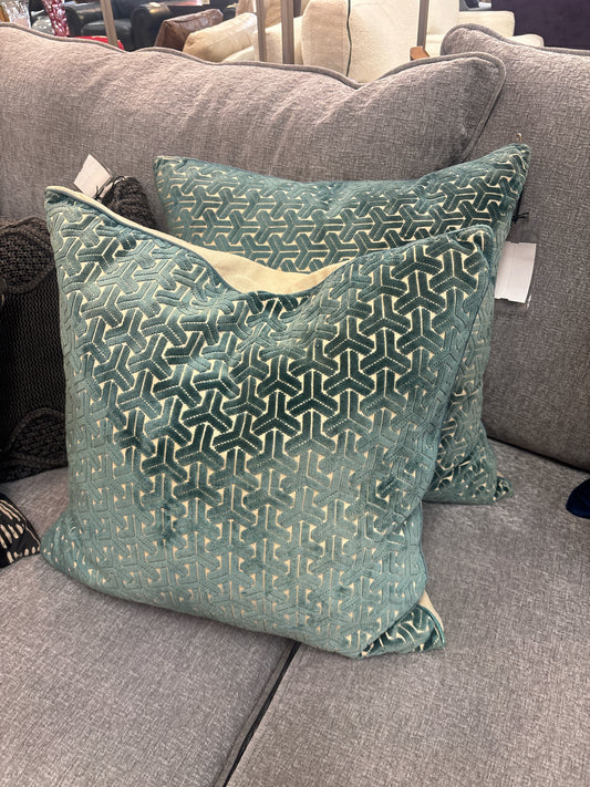 PAIR of Ryan Studio Pillows-Turquoise & Tan w/ Linen Backs
