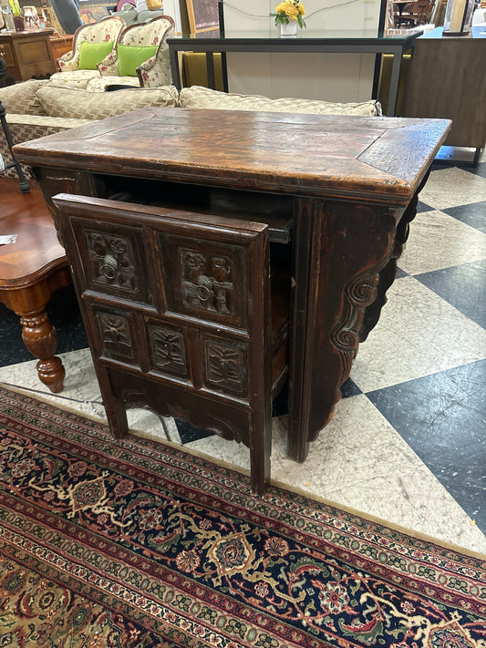 Vintage Indian Carved Desk w/ Inset Chair