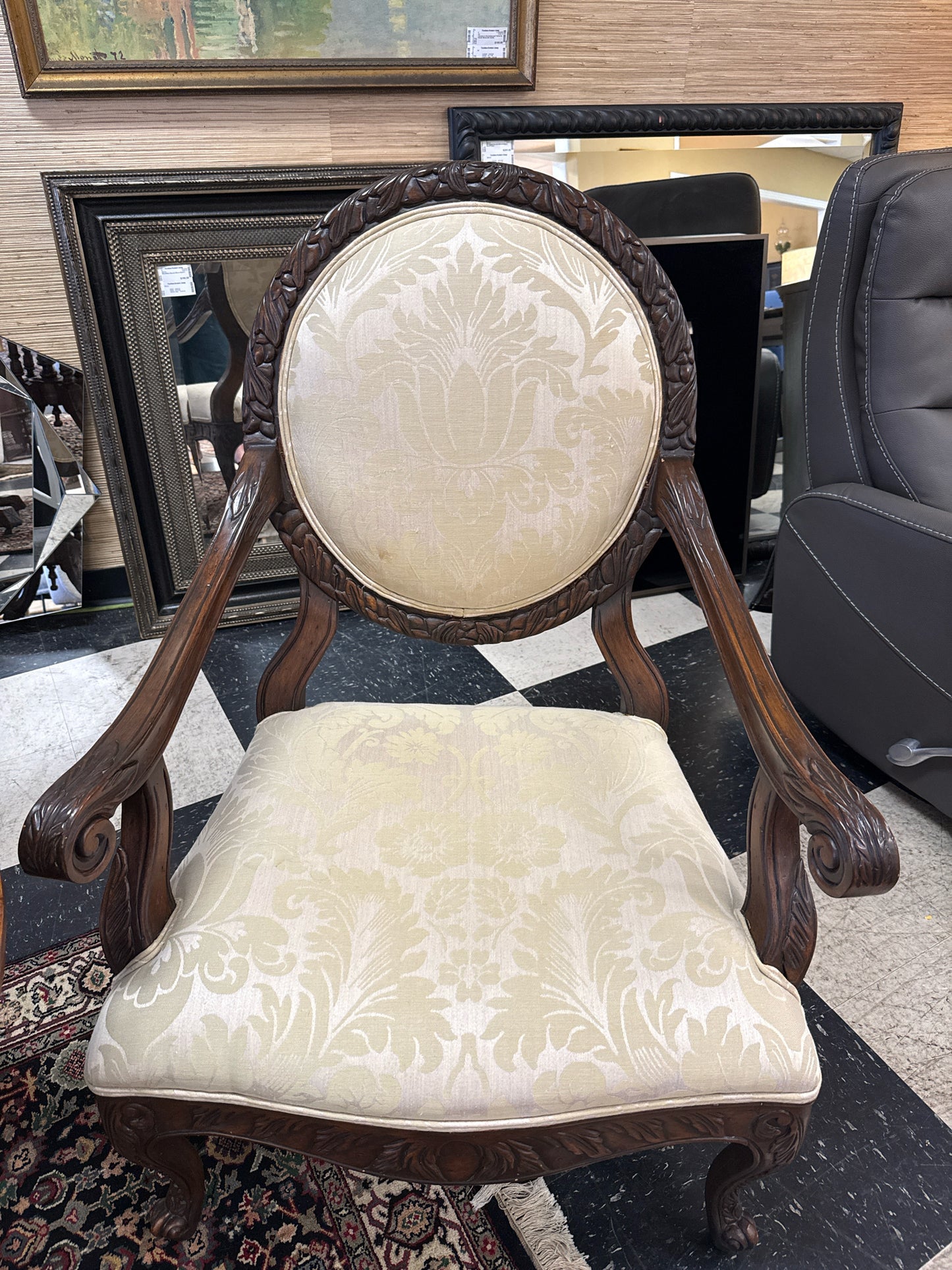 French Provincial Upholstered Reproduction Arm Chair Beige Color
