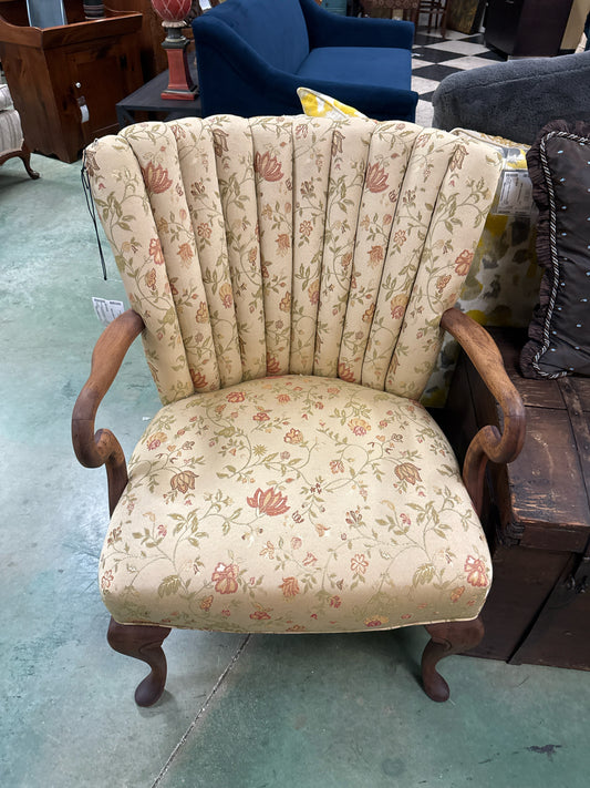 Cream/Red Floral Re-upholstered Accent Chair w/Channel-back & Wooden Base
