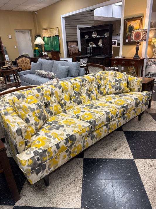 3-Cushion 7' Sofa- Yellow & Grey Floral Watercolor Design w/Black Legs- High Fas