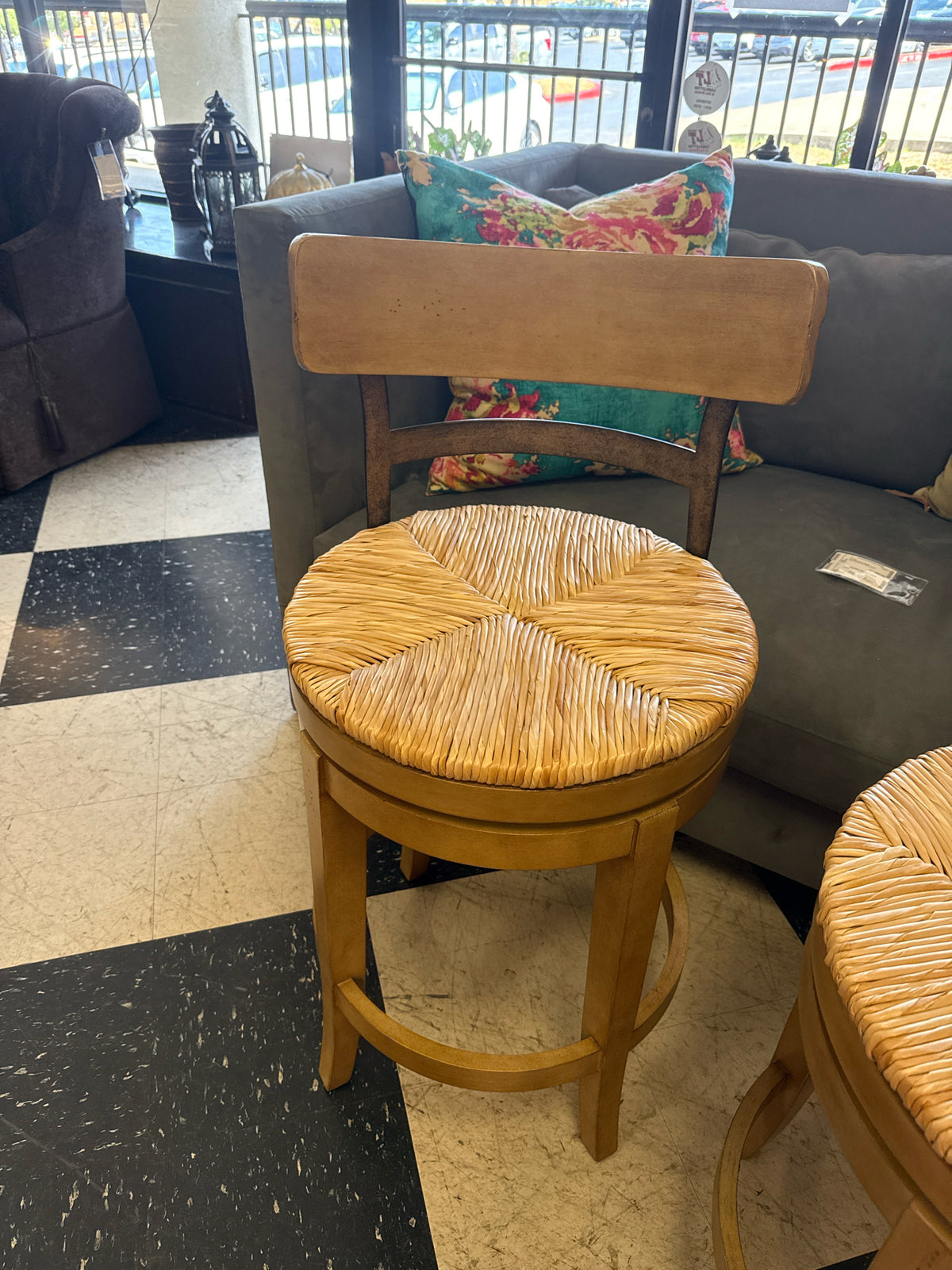PAIR Ballard Design "Maguerite" Distressed Oak Swivel Counterstools