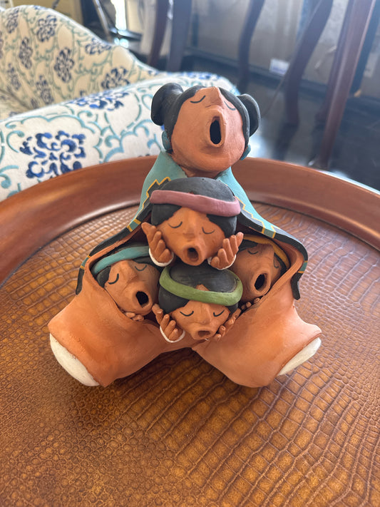Handmade Native American Storyteller Figurine, Mother w/Children, Signed Juan Sa