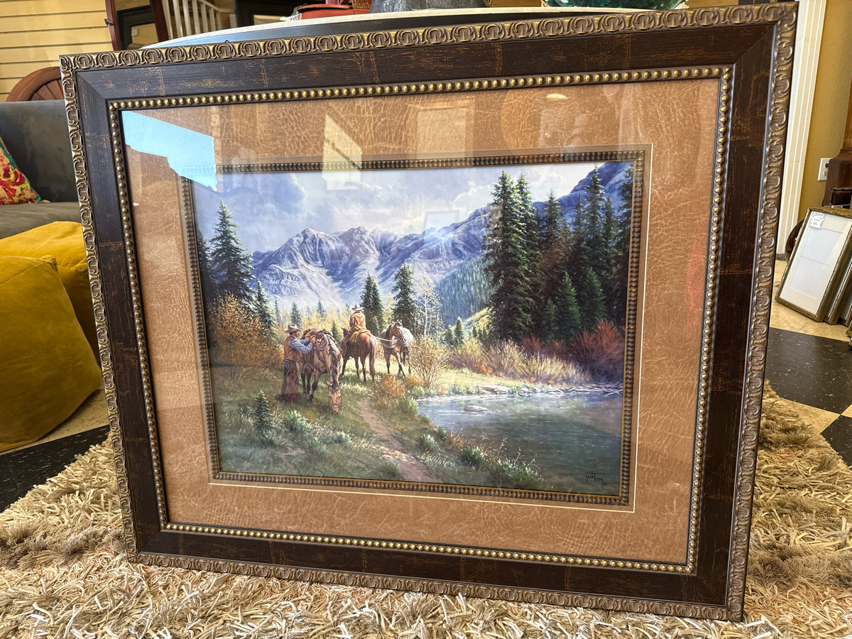 Signed Print-Jack Terry "Saddled in the Shadows"w/Ornate/Gold Rustic Wood Frame(