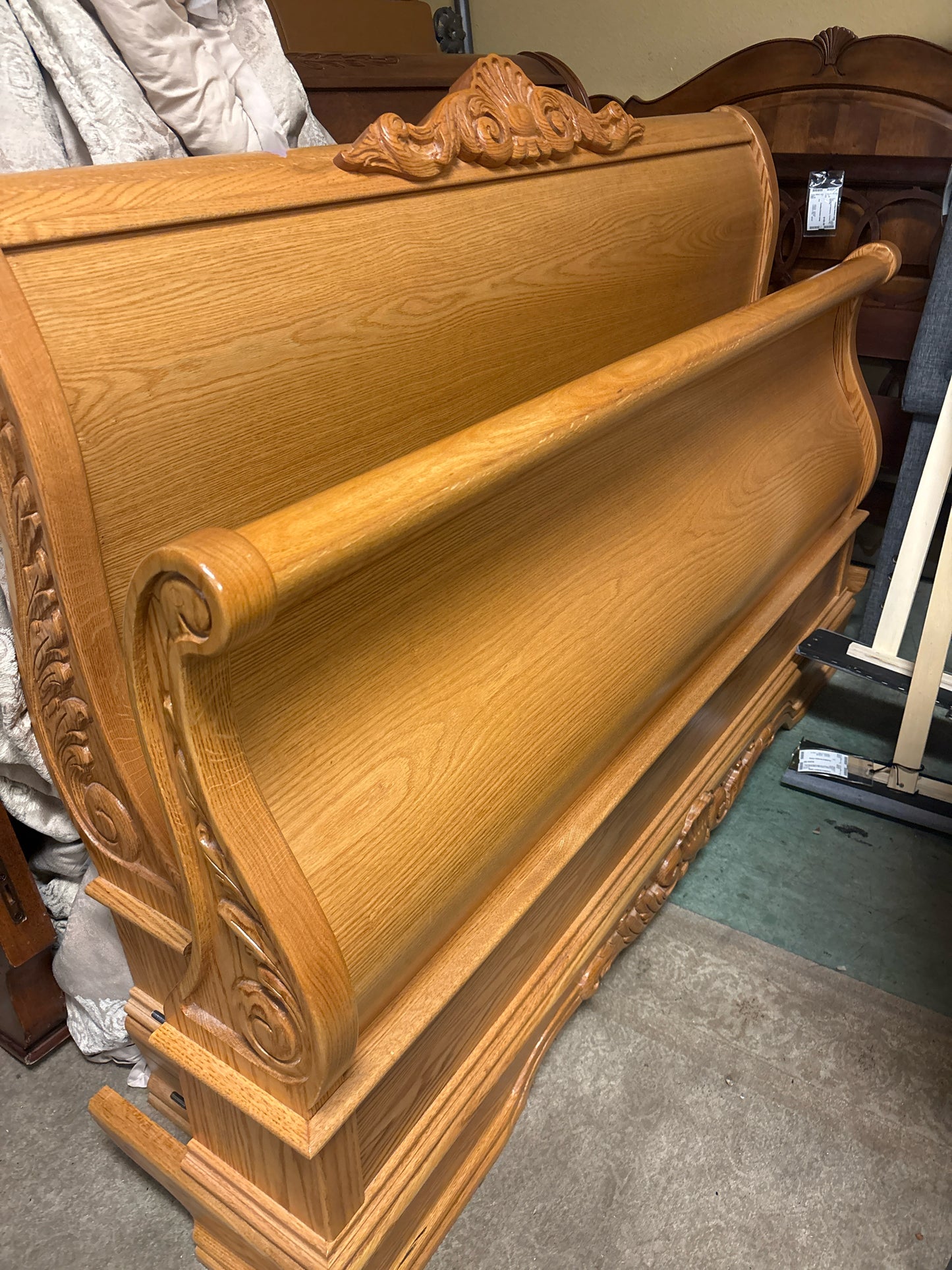 Queen Blonde Oak Wood Sleigh Bed (HB/FB/SR/Metal Slats/HW)