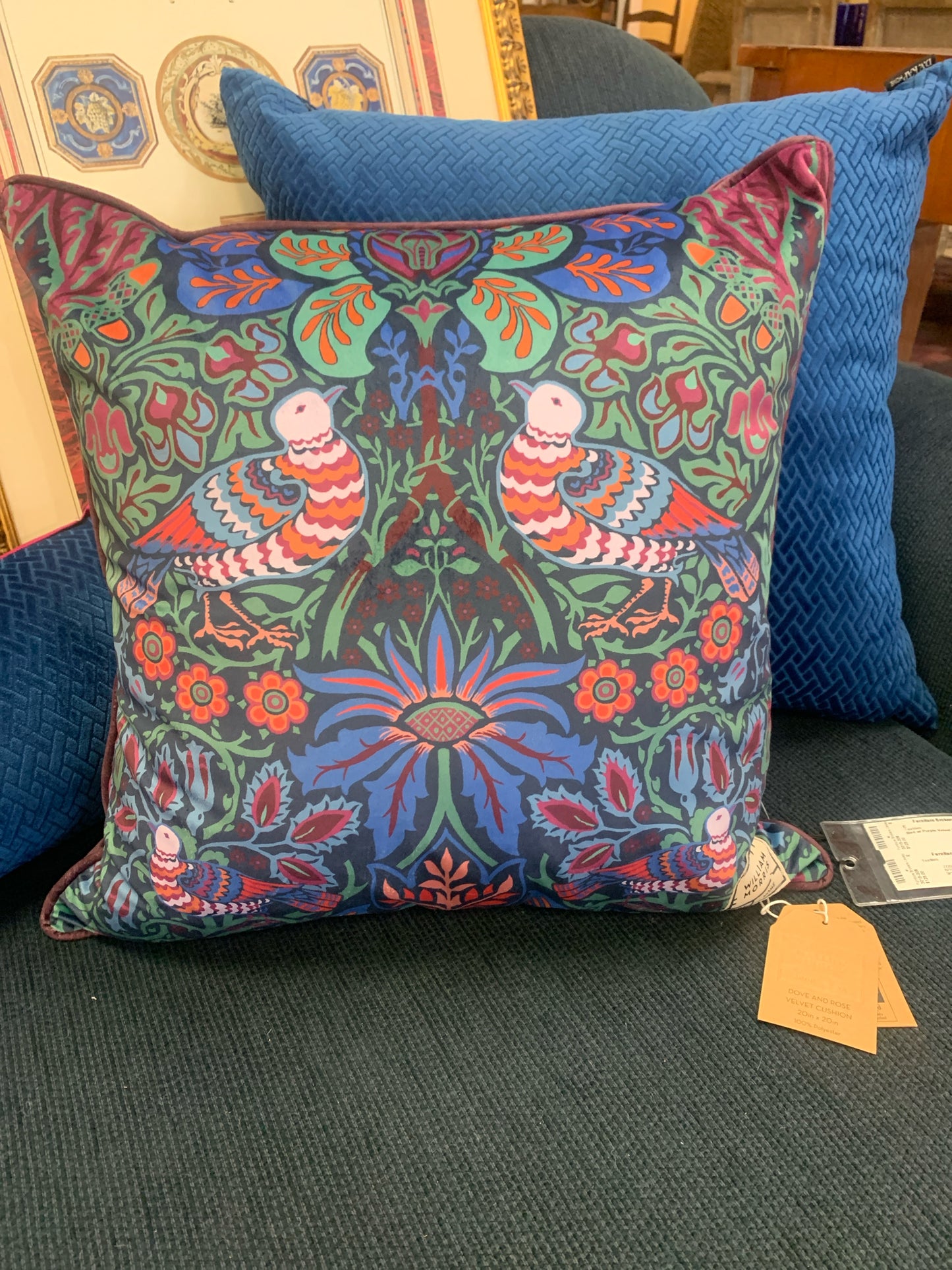 Bird w/ Purple Velvet Back Throw Pillow