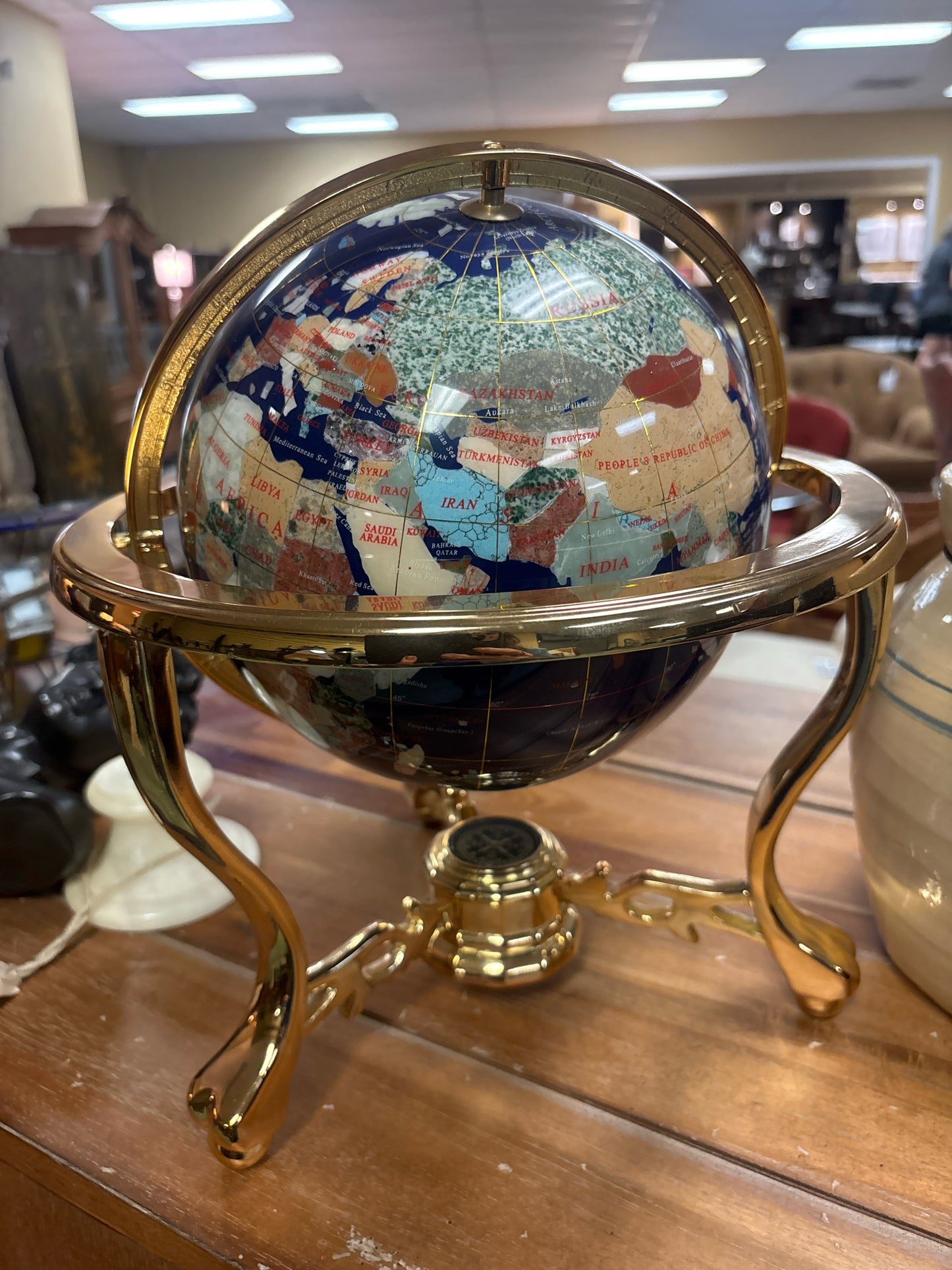 Tabletop World Globe w/ Blue Lapis on Brass Tripod Stand