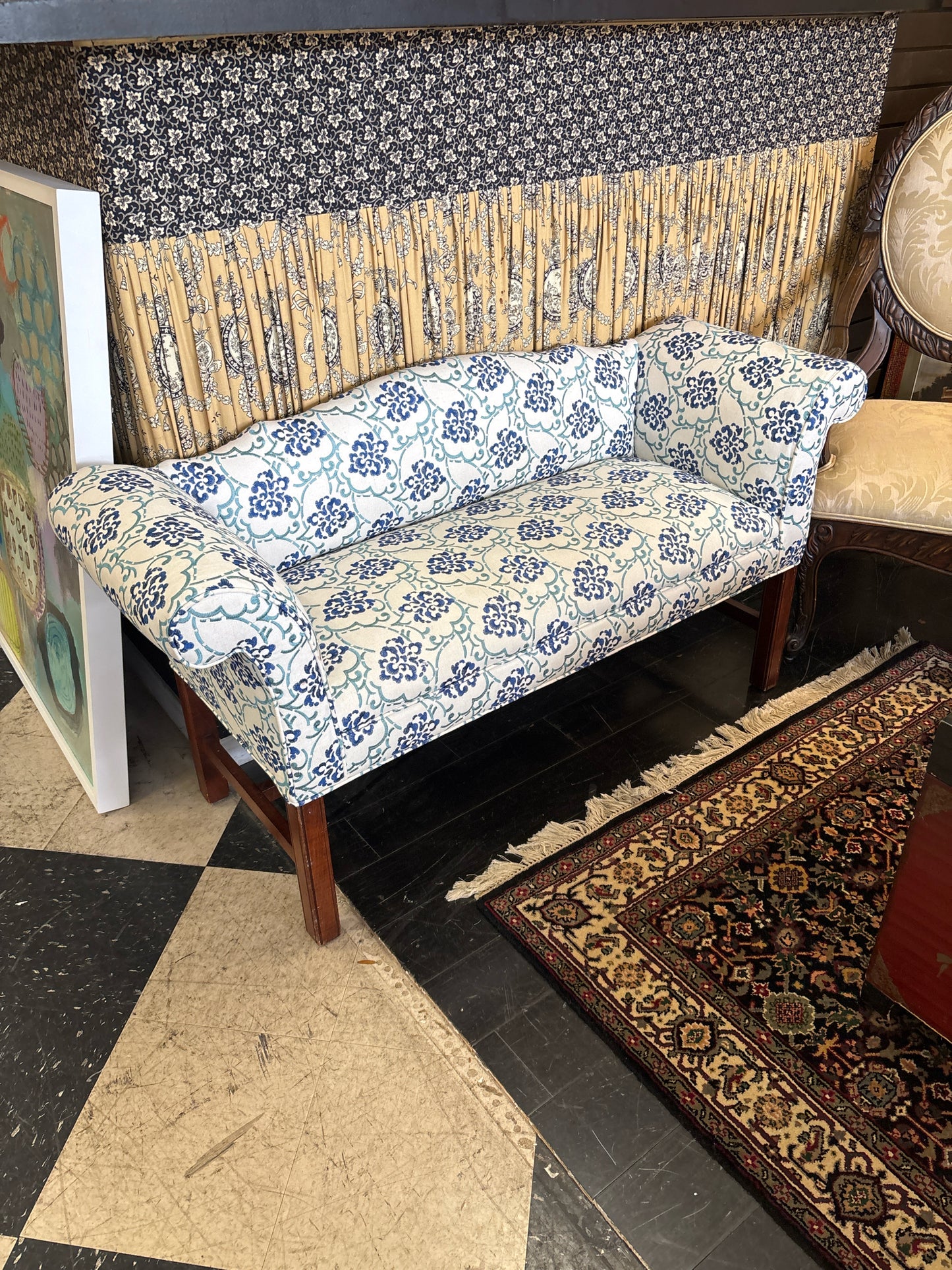 Custom Upholstered Sette (Blue/White/Teal) w/ Wood Legs