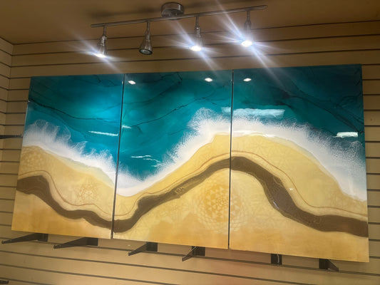Signed Anne Shakelford 3pc Resin Ocean/Beach Art (24x36 ea) in Wood Frames