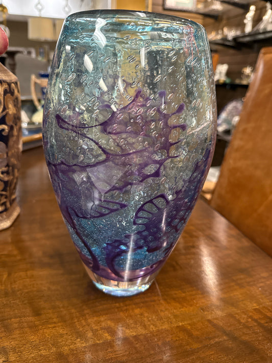 Handblown Kosta Boda Vase Aqua Blue W/ Purple SeaHorses By Olle Brozen