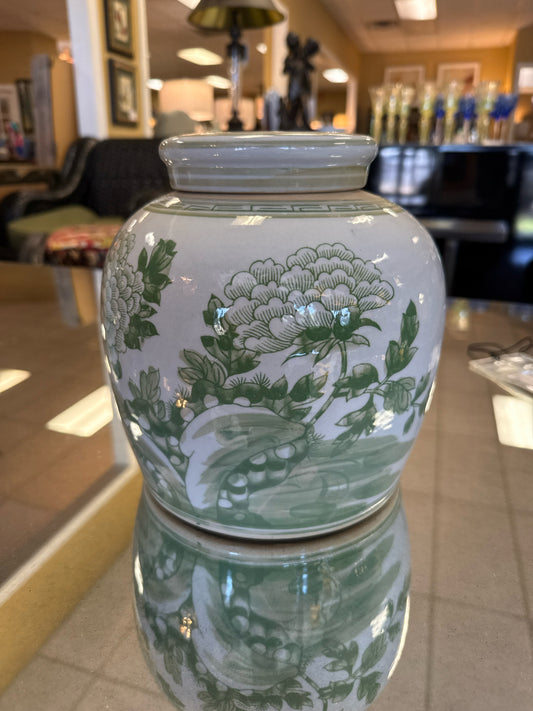 Green & White Ginger Jar w/ Peony Landscape