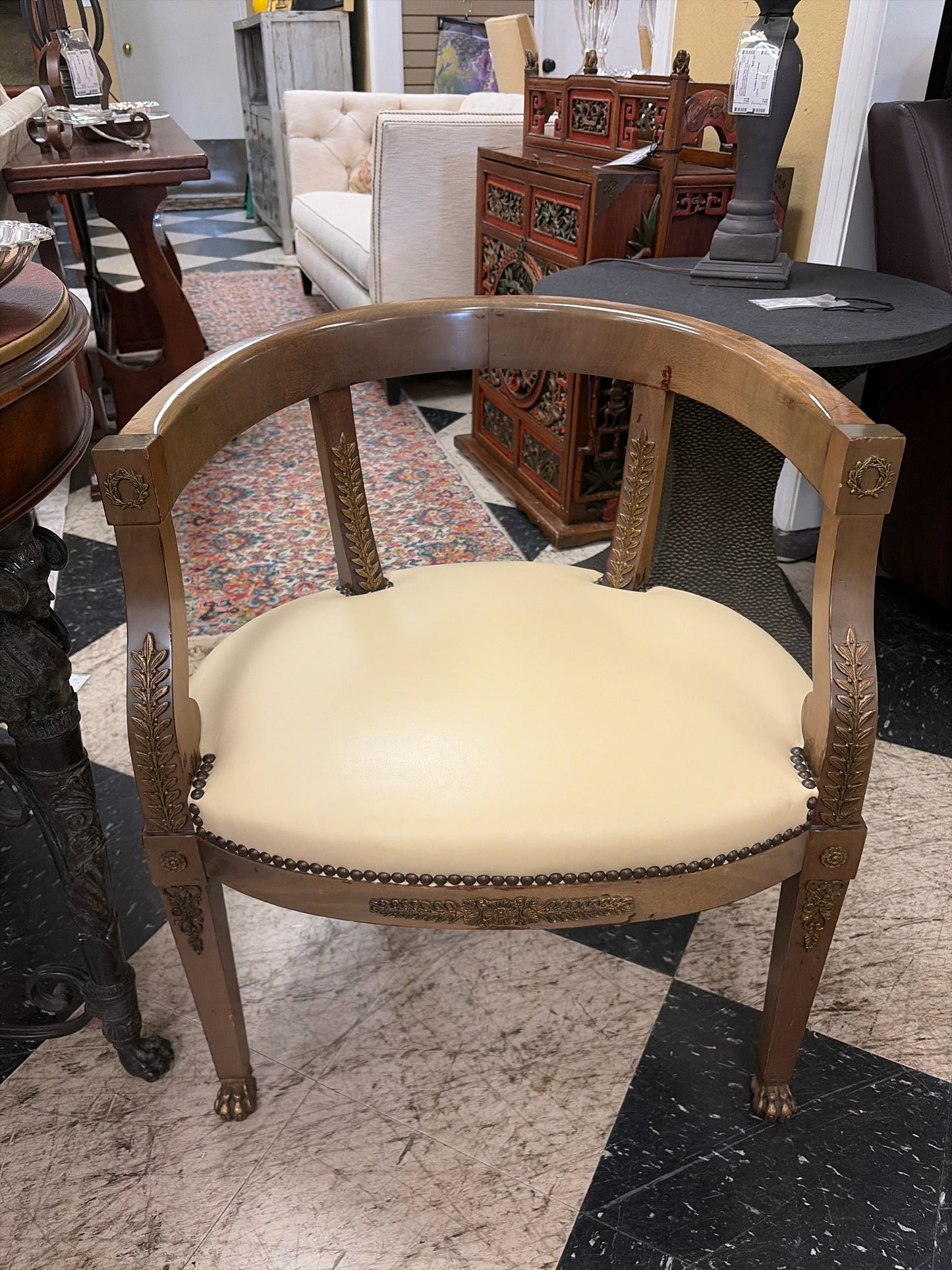 Pair Empire-Neo Classical Chairs w/Curved Wooden Backrest w/Leather Seat