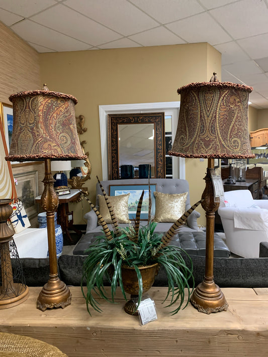 PAIR Tall Bronze Colored w/ Tapestry Shades