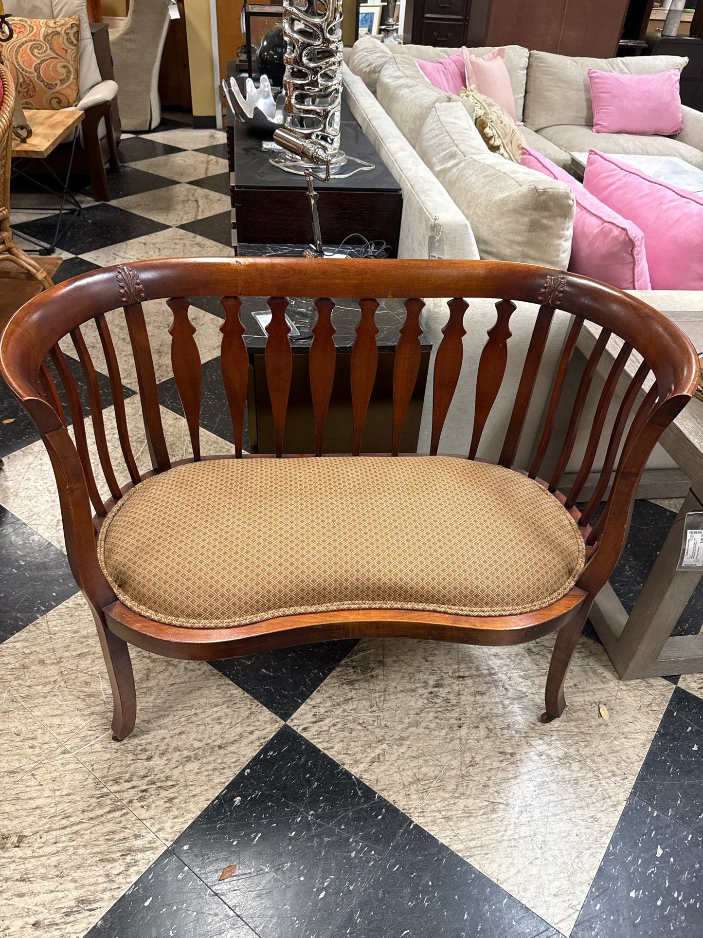 Antique Edwardian Mahogany Spindled-back Tub Settee on Casters