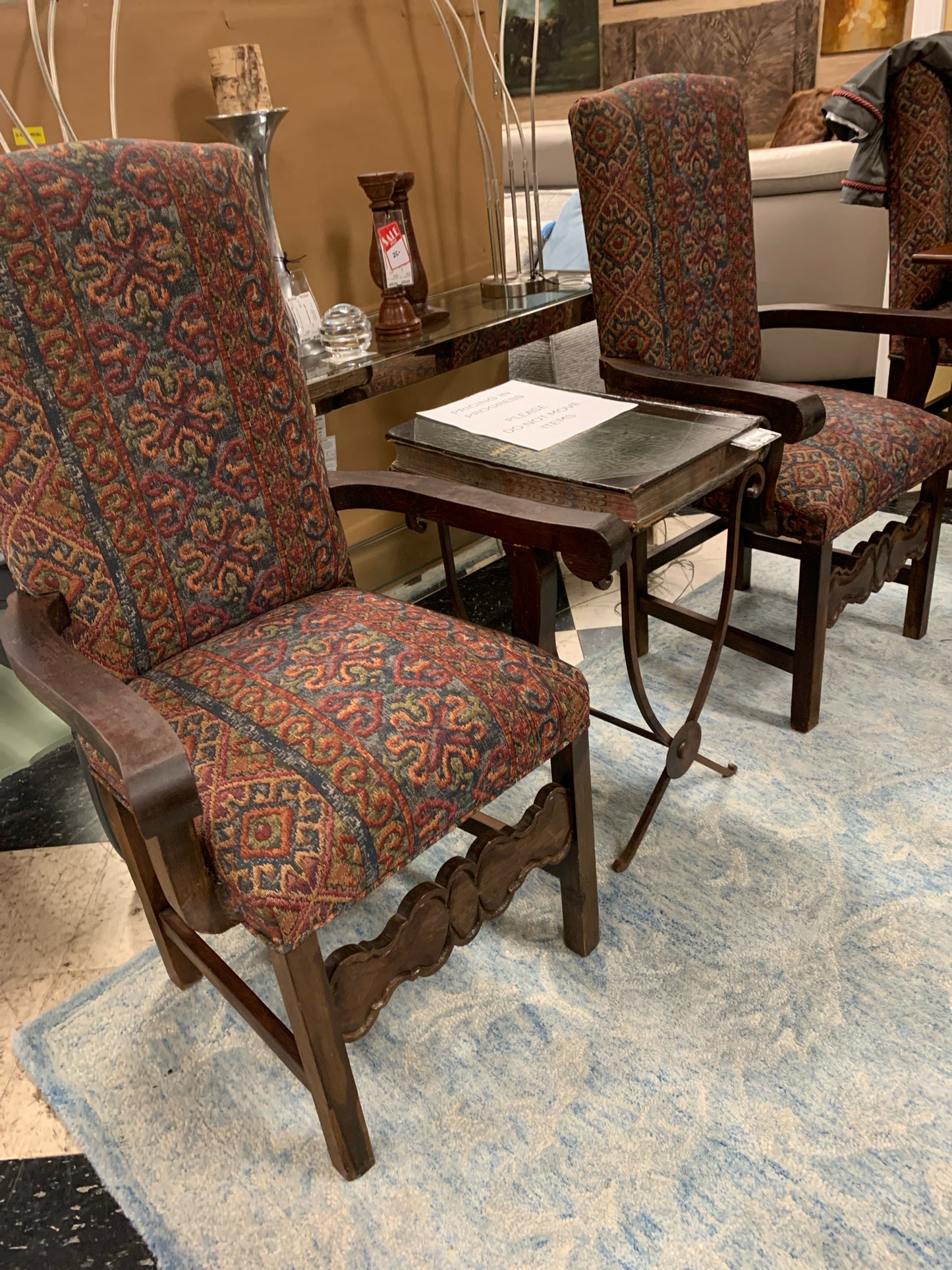 Set of 4 - Spanish Style Carved Wood w/ Upholstery Chairs (2 Arm, 2 Side)