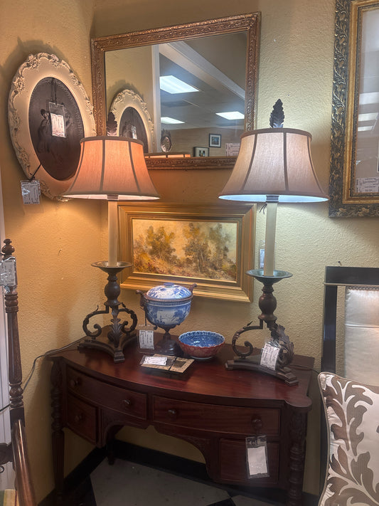 PAIR of Uttermost Buffet Lamps w/ Metal Base & Beige Silk Shades