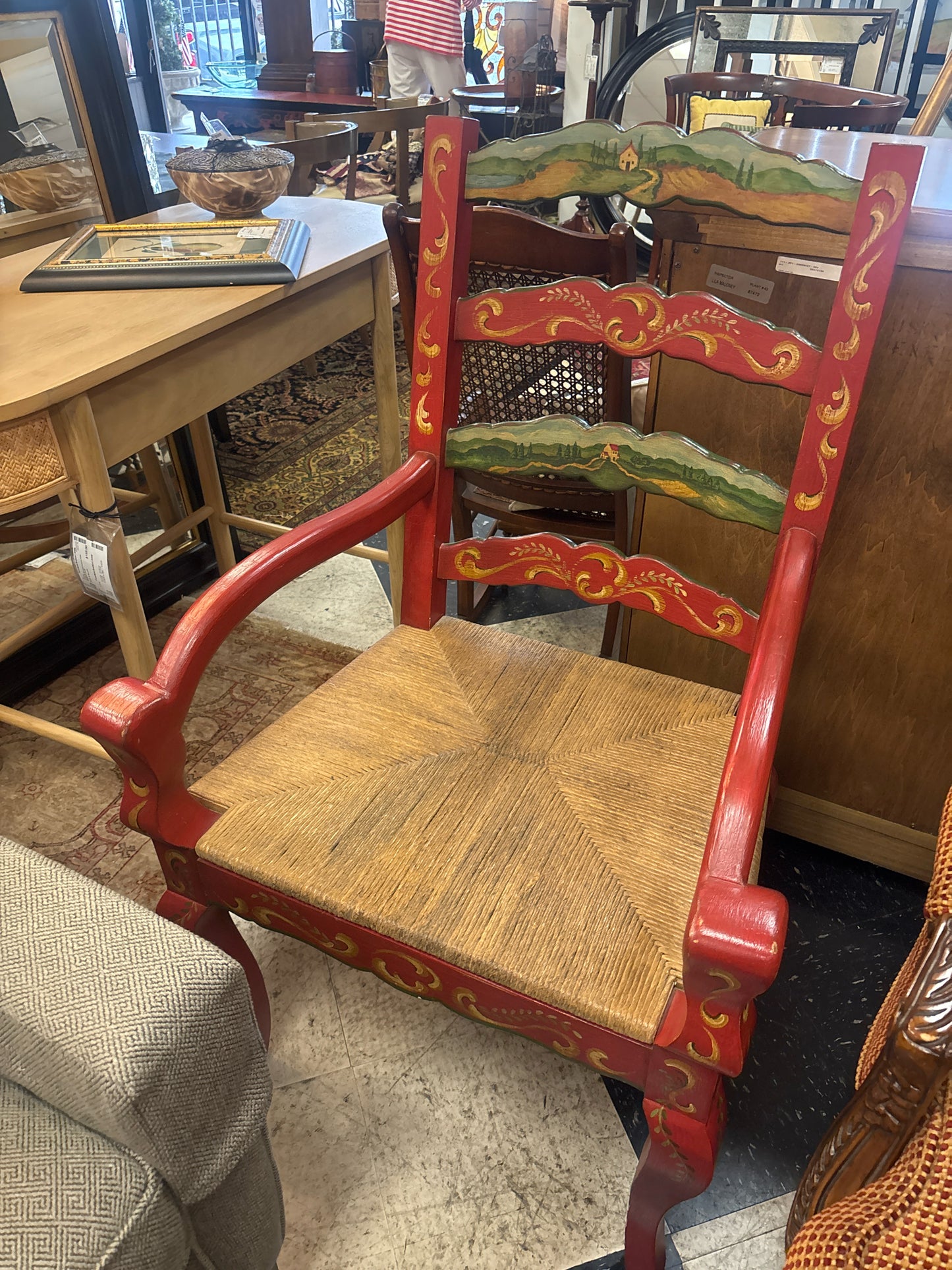 Cowgirls & Lace Hand Painted Red Wood Chair w/ Rattan Seat