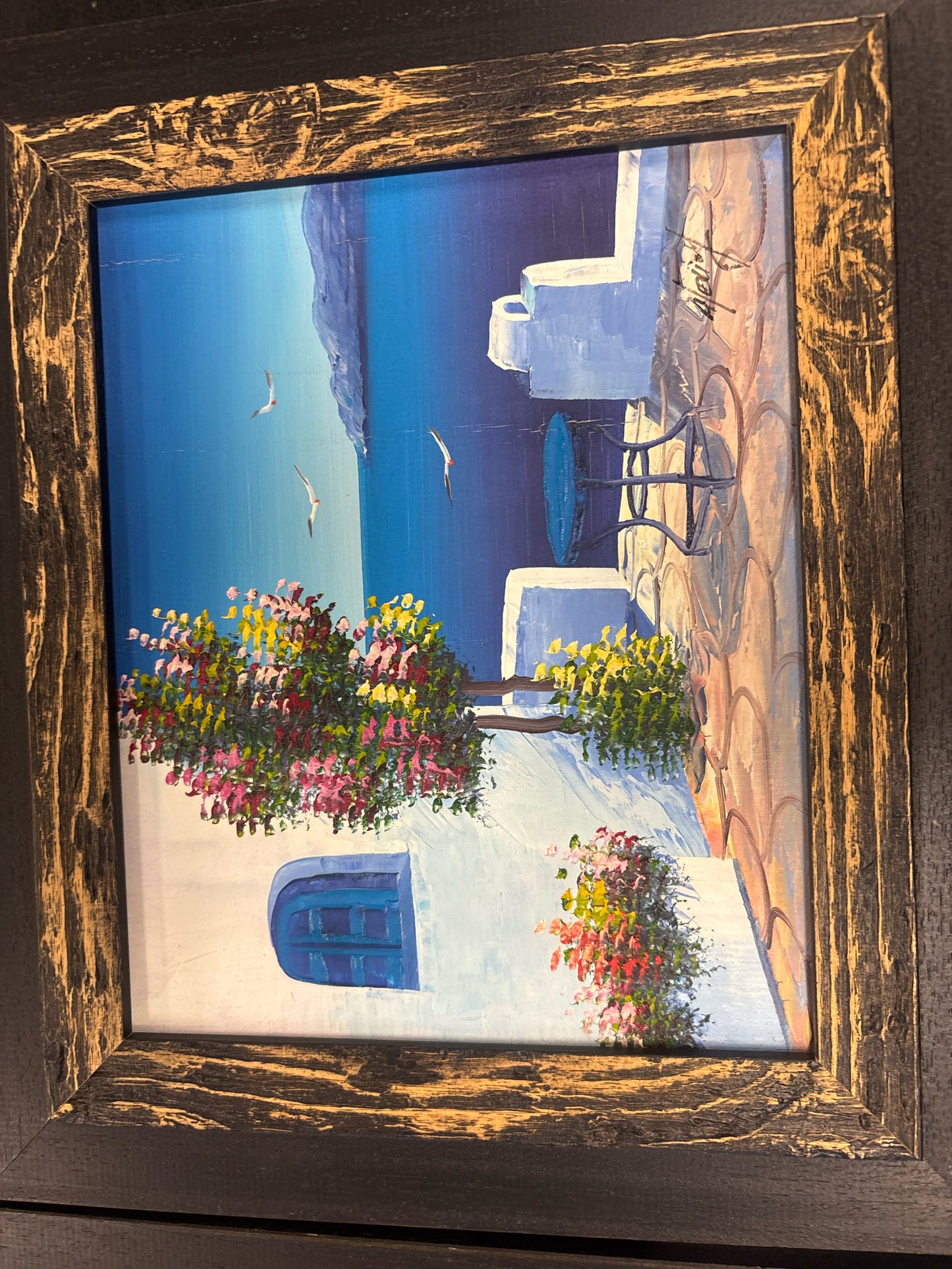 Signed Oil on Canvas Greece Seascape w/ Colorful Trees in Black Frame (12x14)